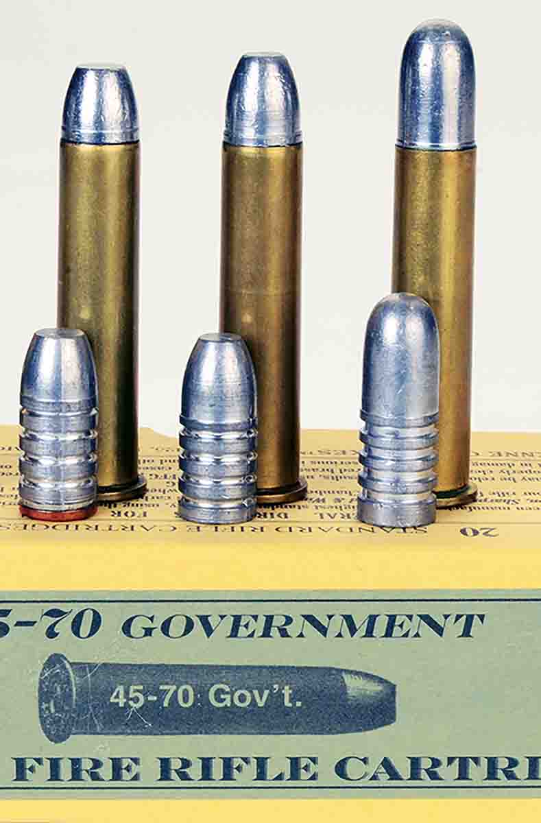 Most of Mike’s .45-70 hunting experience has been with these three cast bullets (left to right): an RCBS 45-405-FN, a Lyman No. 457193 bullet and a Lyman No. 457125 bullet, with loaded rounds.